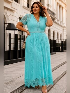 NWT MEROKEETY Aqua Lace Maxi Dress XXL 20/22 Wedding Guest Bridal Shower Formal
